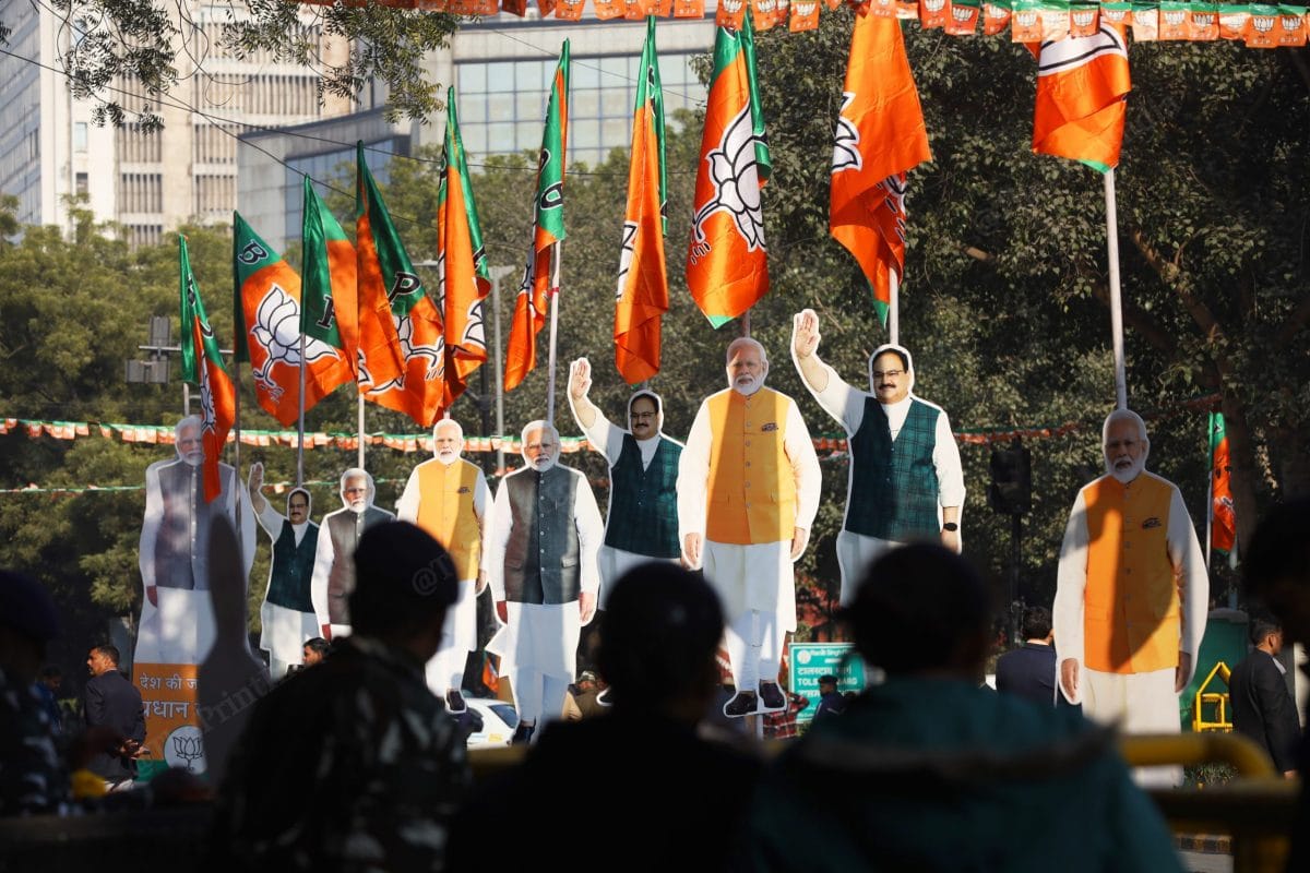 On the Parliament street cut outs of PM Modi and J.P. Nadda | Photo: Manisha Mondal | ThePrint