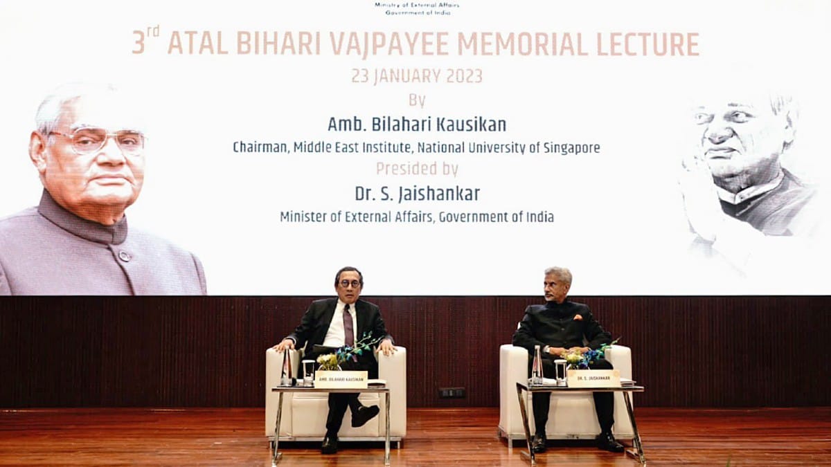 Kausikan with EAM S Jaishankar during 3rd Atal Bihari Vajpayee Memorial Lecture in Delhi Monday | ANI