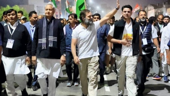 Congress leader Rahul Gandhi with Rajasthan Chief Minister Ashok Gehlot, MLA Sachin Pilot and others during the Bharat Jodo Yatra in Rajasthan's Jhalawar district | PTI file photo
