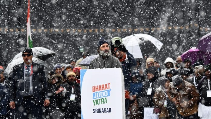 Congress leader Rahul Gandhi addresses the concluding event of the party's Bharat Jodo Yatra in Srinagar Monday | ANI