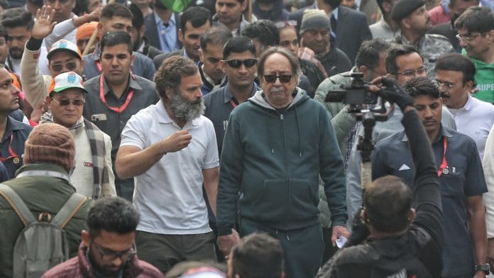 Former RAW chief A.S. Dulat joins Congress leader Rahul Gandhi during Bharat Jodo Yatra in New Delhi Tuesday | Suraj Singh Bisht | ThePrint