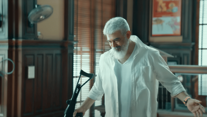 A screengrab from Thunivu showing Ajith as Darkdevil | YouTube