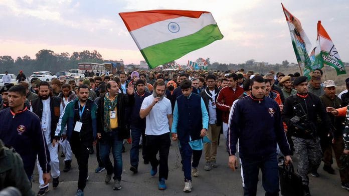 Congress leader Rahul Gandhi walks with padayatris during Bharat Jodo Yatra, in Kathua on 22 January 2023 | Photo: ANI