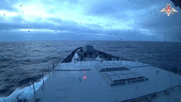 A still image from video, released by the Russian Defence Ministry, shows what it said to be frigate 'Admiral of the Fleet of the Soviet Union Gorshkov' armed with hypersonic cruise weapons during an air defence exercise in the Norwegian Sea | Russian Defence Ministry/Handout via Reuters