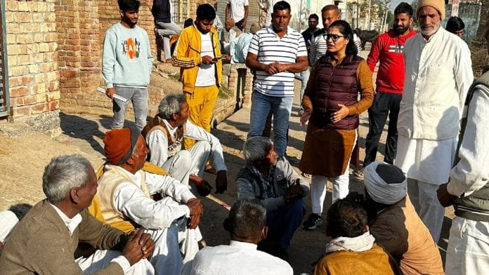 NCP leader Sonia Doohan speaks with local residents of Pali village in Haryana's Narnaund constituency | Twitter | @DoohanSonia