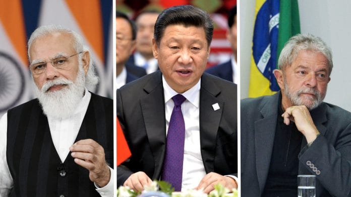 File photos of Indian PM Narendra Modi, Chinese President Xi Jinping and Brazilian President Luiz Inácio Lula da Silva | Commons
