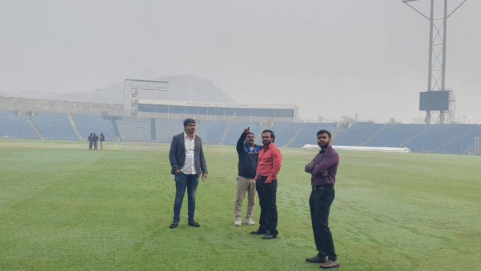 Maharashtra Cricket Association president Rohit Pawar (in grey jacket) and Kedar Jadhav (in red shirt) visit the cricket stadium at Gahunje | Twitter | @RRPSpeaks