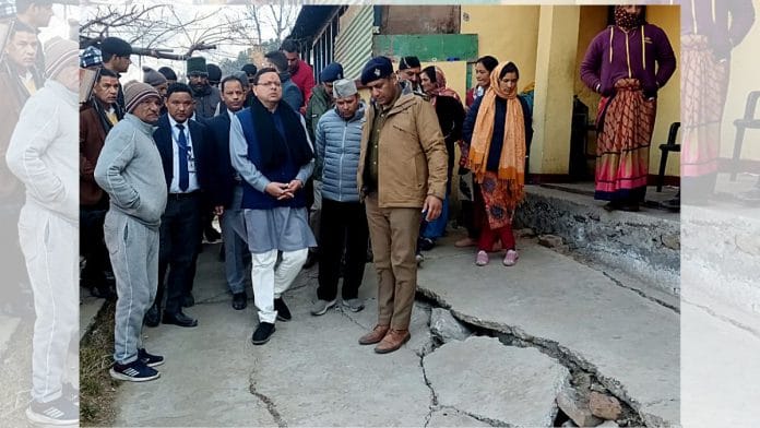 Uttarakhand Chief Minister Pushkar Singh Dhami conducts a ground inspection of the landslide-affected areas, in Joshimath on Saturday | ANI
