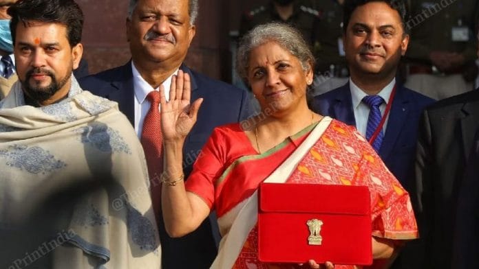 Finance Minister Nirmala Sitharaman with Minister of State for Finance Anurag Thakur before presenting the Budget on 1 February, 2021 | Photo: Suraj Singh Bisht | ThePrint
