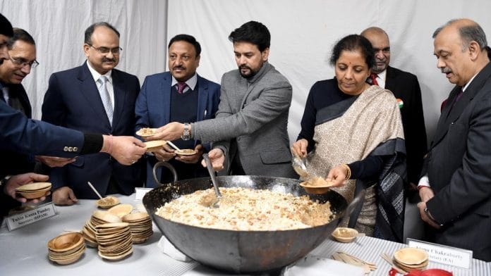Finance Minister Nirmala Sitharaman and MoS for Finance Anurag Singh Thakur during Halwa Ceremony of Budget 2020 | ANI file photo