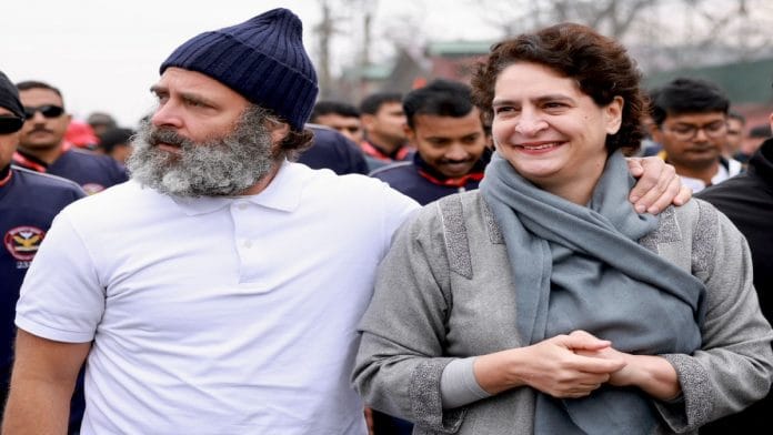 Rahul Gandhi accompanied by Priyanka Gandhi Vadra at Pulwama, Saturday | Twitter: INCIndia