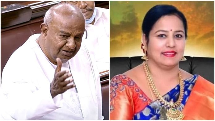 File photos of H.D. Deve Gowda and Bhavani Revanna. | ANI/ Twitter: @BhavaniRevanna