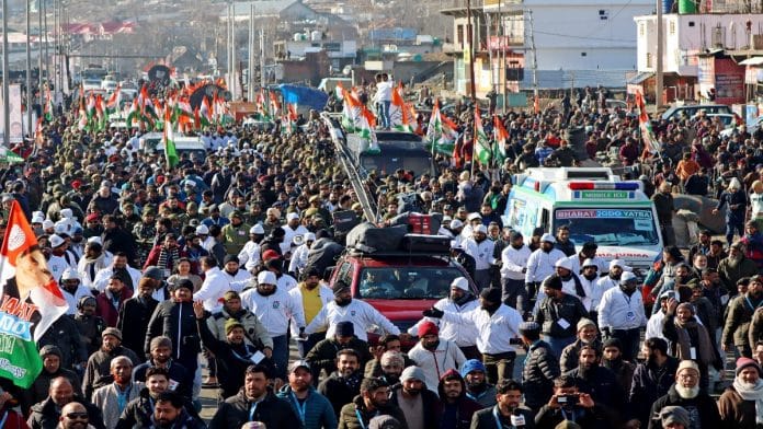 Crowds join Bharat Jodo Yatra, at Banihal, in Ramban, Friday. | ANI
