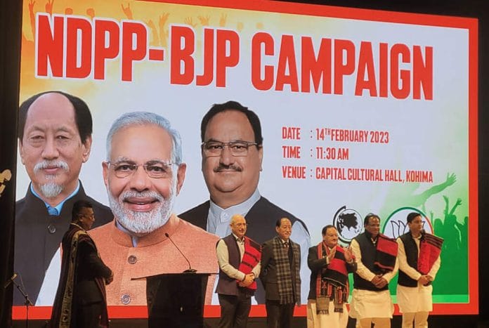 BJP National President J.P. Nadda with Nagaland Chief Minister Neiphiu Rio at a rally in Kohima | ANI