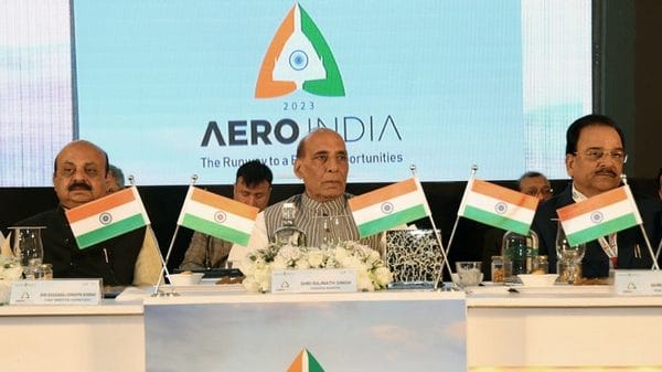 Defence Minister Rajnath Singh at the curtain raiser of ‘Aero India’ 2023 in Bengaluru on Sunday | Photo: ANI