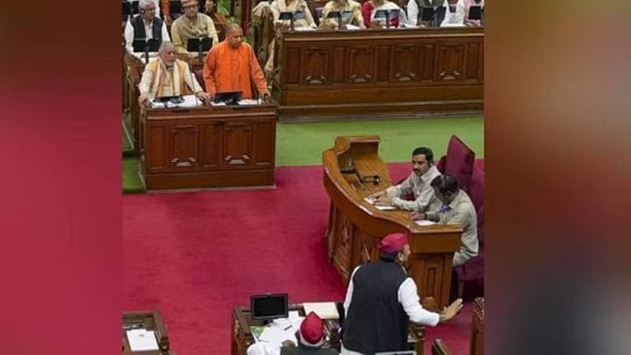 Uttar Pradesh CM Yogi Adityanath and SP president Akhilesh Yadav in the state assembly in Lucknow on Saturday | Photo: PTI