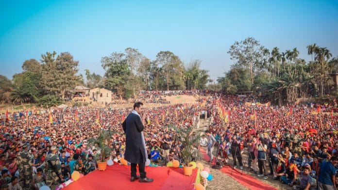 File photo of TIPRA Motha chief Pradyot Debbarma addressing a public meeting | Twitter @PradyotManikya