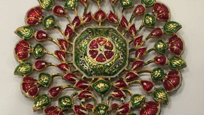 Head Ornament, Jaipur, India, c. 18th century, Gold, beryl, and glass; enameled on verso. Image courtesy of The Metropolitan Museum of Art.