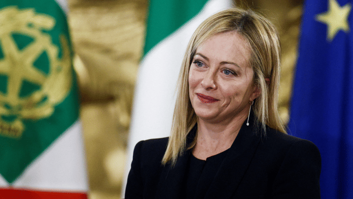Italy's newly elected Prime Minister Giorgia Meloni looks on during the swearing-in ceremony at the Quirinale Presidential Palace, in Rome, Italy October 22, 2022. REUTERS/Guglielmo Mangiapane/File Photo