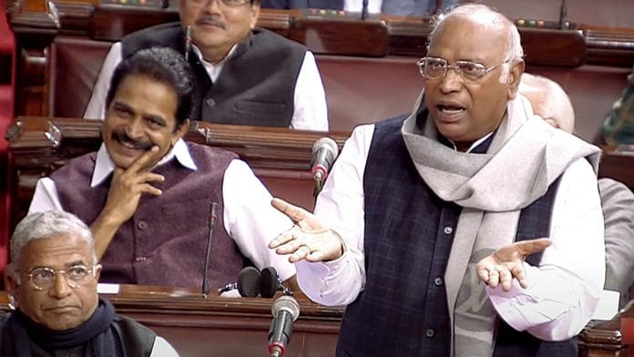 Congress president Mallikarjun Kharge speaking in Rajya Sabha | Sansad TV/ANI