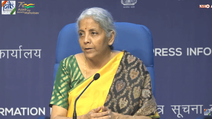 Union Finance minister Nirmala Sitharaman addressing a press conference Wednesday | YouTube @PIB India