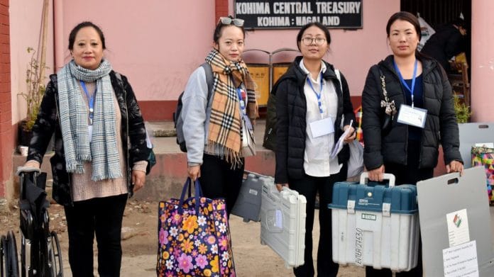 Women polling teams head toward their assigned polling stations after collecting the EVMs and polling materials on 26 February 2023 | ANI photo