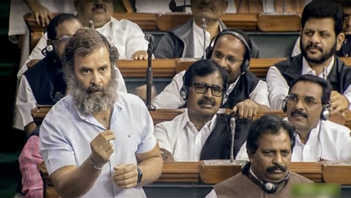 Congress MP Rahul Gandhi speaking in Lok Sabha during Budget session of Parliament Tuesday | Sansad TV/ANI