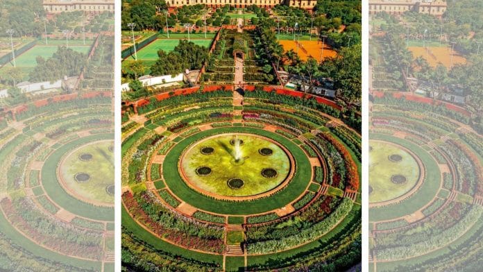 An aerial view of the Amrit Udyan, a Mughal-style garden | Twitter /@dpradhanbjp