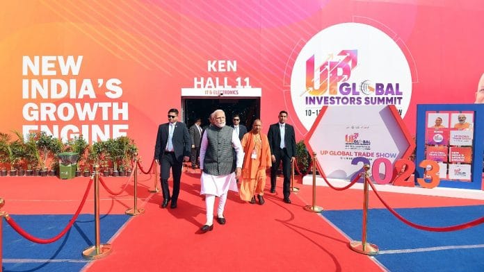 PM Narendra Modi, UP CM Yogi Adityanath at UP Global Investors Summit 2023 in Lucknow Friday | ANI