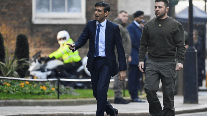 Ukraine's President Volodymyr Zelenskiy and British Prime Minister Rishi Sunak walk outside Number 10 Downing Street in London | Reuters/Toby Melville