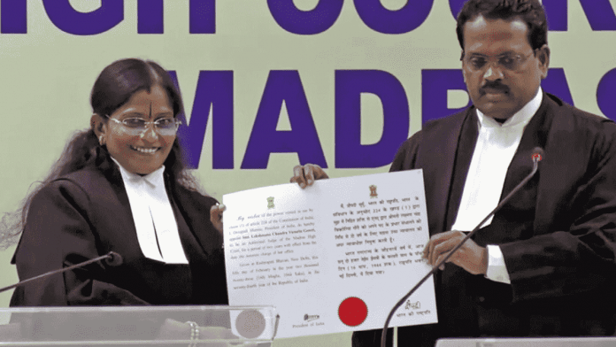 Madras High Court Acting Chief Justice, T. Raja with the newly-sworn in Madras High Court additional judge, Justice Lekshmana Chandra Victoria Gowri, during the ceremony, in Chennai | ANI