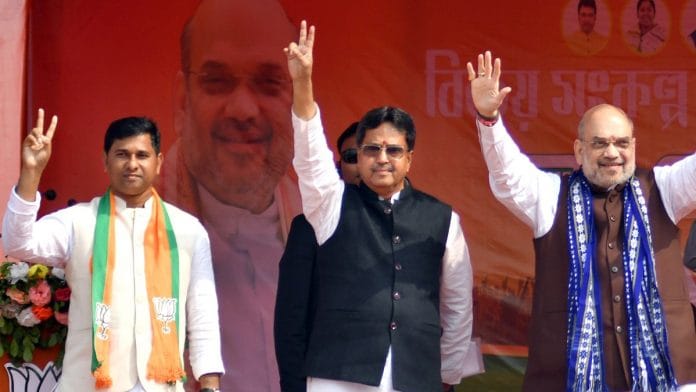 Union Home minister Amit Shah and Tripura Chief Minister Manik Saha during Vijay Sankalpa rally ahead of the Tripura Legislative Assembly election, in Unakoti district on Sunday | ANI