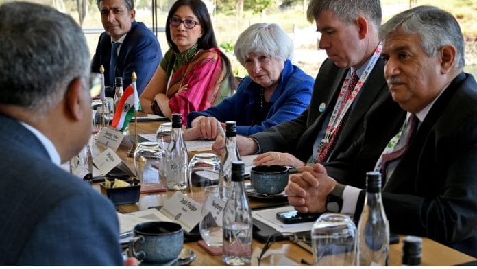 US Treasury Secretary Janet Yellen looks on as she holds a roundtable with India's technology leaders on the sidelines of G20 finance ministers' meeting on the outskirts of Bengaluru, India, on Saturday | Reuters
