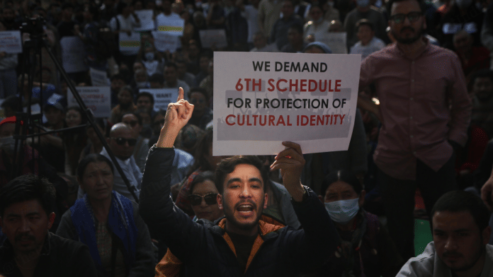 Ladakhis during their Wednesday protest at Jantar Mantar in New Delhi. They are demanding statehood for the Union Territory | Manisha Mondal | ThePrint
