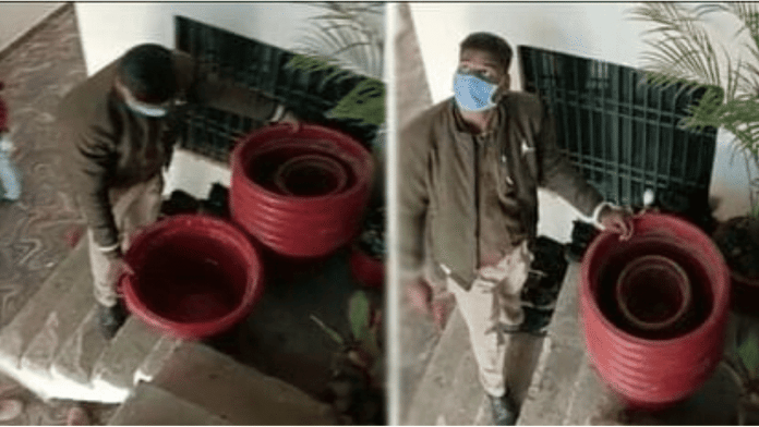 A personnel from Tajganj police station recovers stolen pots from the residence of a man who was arrested on charges of theft | By special arrangement