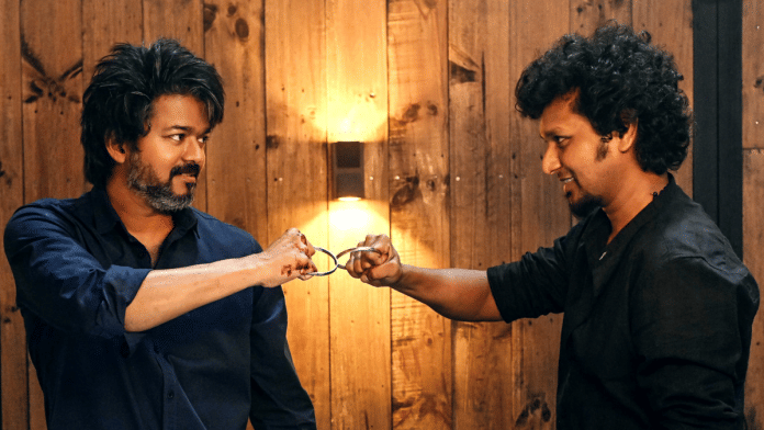 Lokesh Kanagaraj shared this image of him (right) and Vijay to announce the next instalment of his Lokiverse, Leo. | Twitter @Dir_Lokesh
