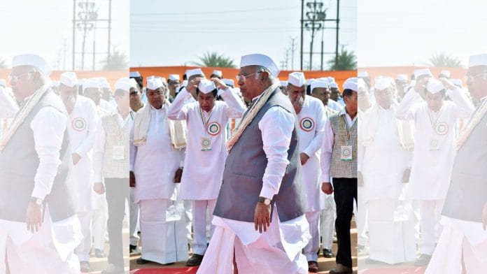 Congress president Mallikarjun Kharge at the plenary in Raipur | ANI