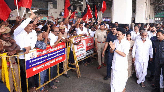 Tamil Nadu CM M K Stalin is greeted by DMK supporters as he embarks for his two-day state tour Wednesday | Twitter | @mkstalin