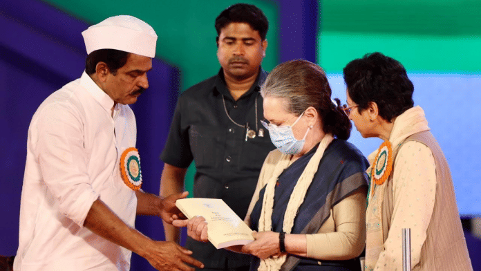 Former Congress president Sonia Gandhi at 85th plenary session of Congress party in Raipur | Twitter | @kcvenugopalmp