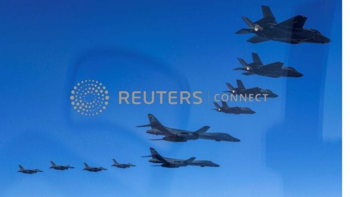 File photo of US Air Force B-1B bombers, South Korea's Air Force F-35A fighter jets and US Air Force F-16 fighter jets taking part in a joint air drill, South Korea, 19 February, 2023 | Reuters