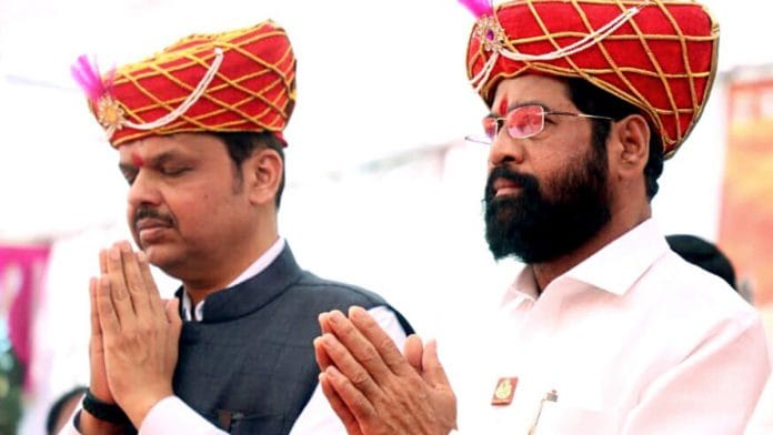 Maharashtra Chief Minister Eknath Shinde and deputy CM Devendra Fadnavis attend the Shiv Jayanti celebrations to mark the birth anniversary of Chhatrapati Shivaji Maharaj, at Shivneri Fort, in Pune on Sunday | ANI