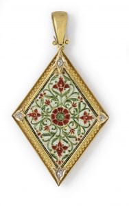Pendant, Ghuma Singh, Jaipur, Rajasthan, India, c. 1879, European-style enameled gold mount set with four diamonds with glass backing. Image courtesy of the Los Angeles County Museum of Art.