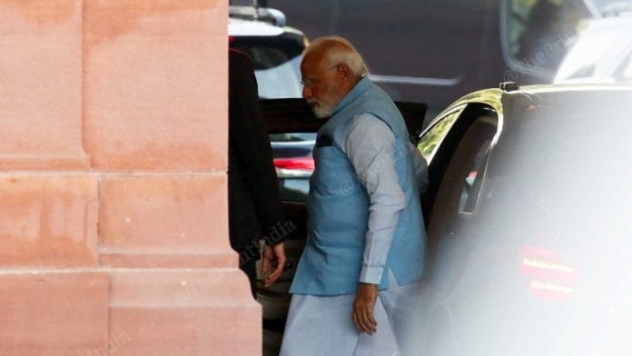 Narendra Modi wore a blue jacket made from recycled plastic bottles to Parliament on 7 February 2023 | Praveen Jain | ThePrint