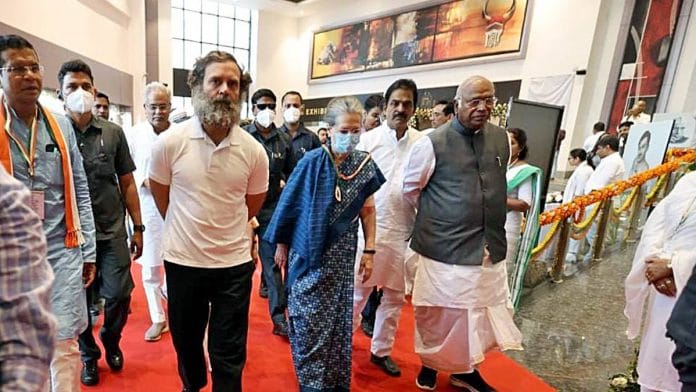 Sonia Gandhi, Rahul Gandhi and Mallikarjun Kharge at the plenary | ANI