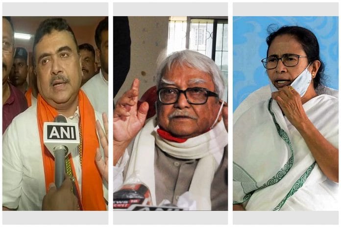 Suvendu Adhikari, Biman Bose and Mamata Banerjee | Photos: ANI and PTI