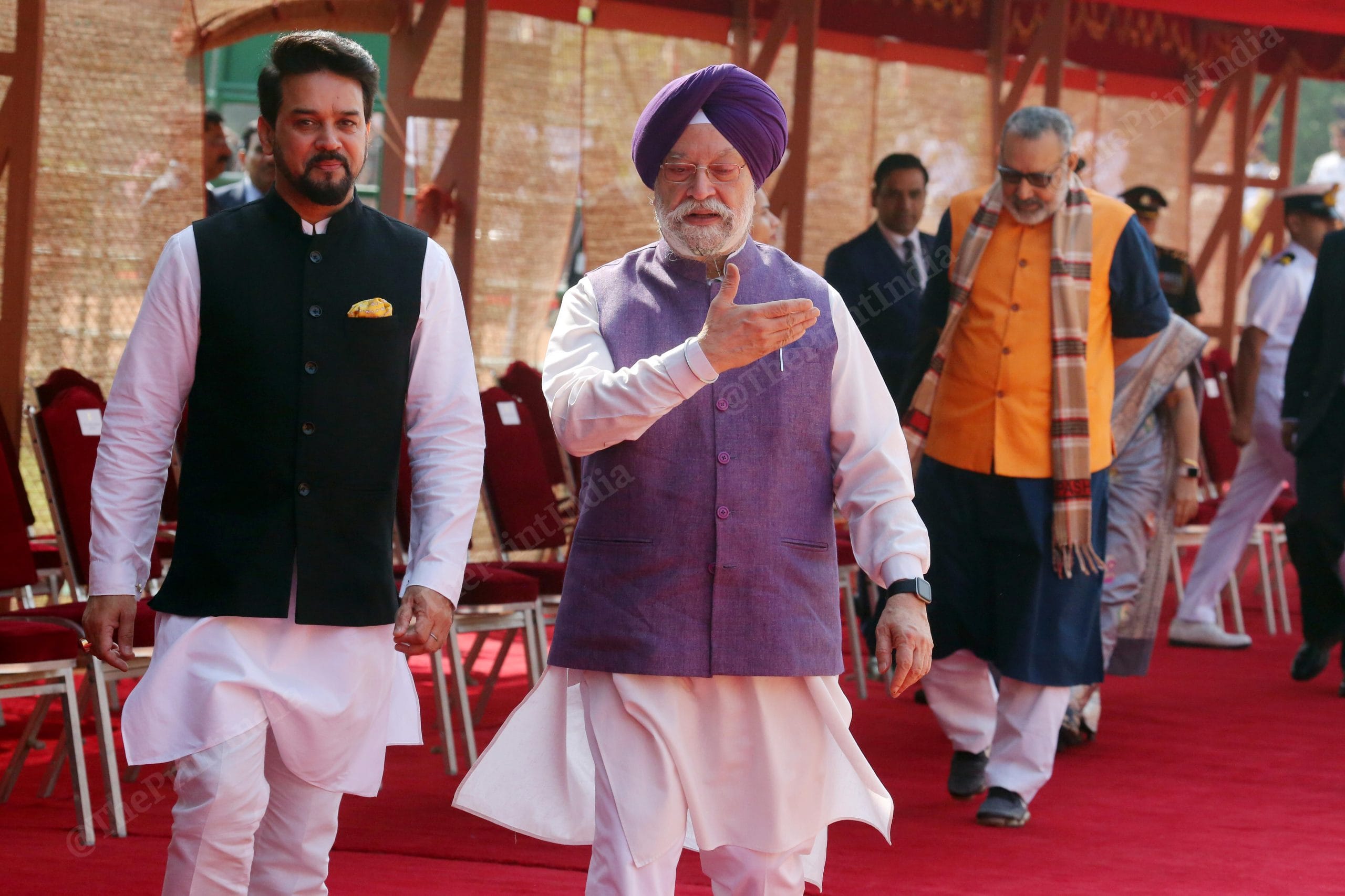 Union ministers Hardeep Puri and Anurag Thakur after the ceremonial reception | Praveen Jain | ThePrint