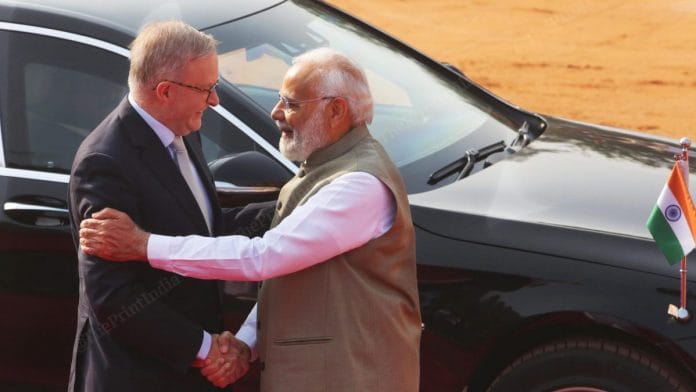 Australian PM Anthony Albanese being received by Indian PM Narendra Modi at Rashtrapati Bhavan, Delhi | Photo: Praveen Jain | ThePrint