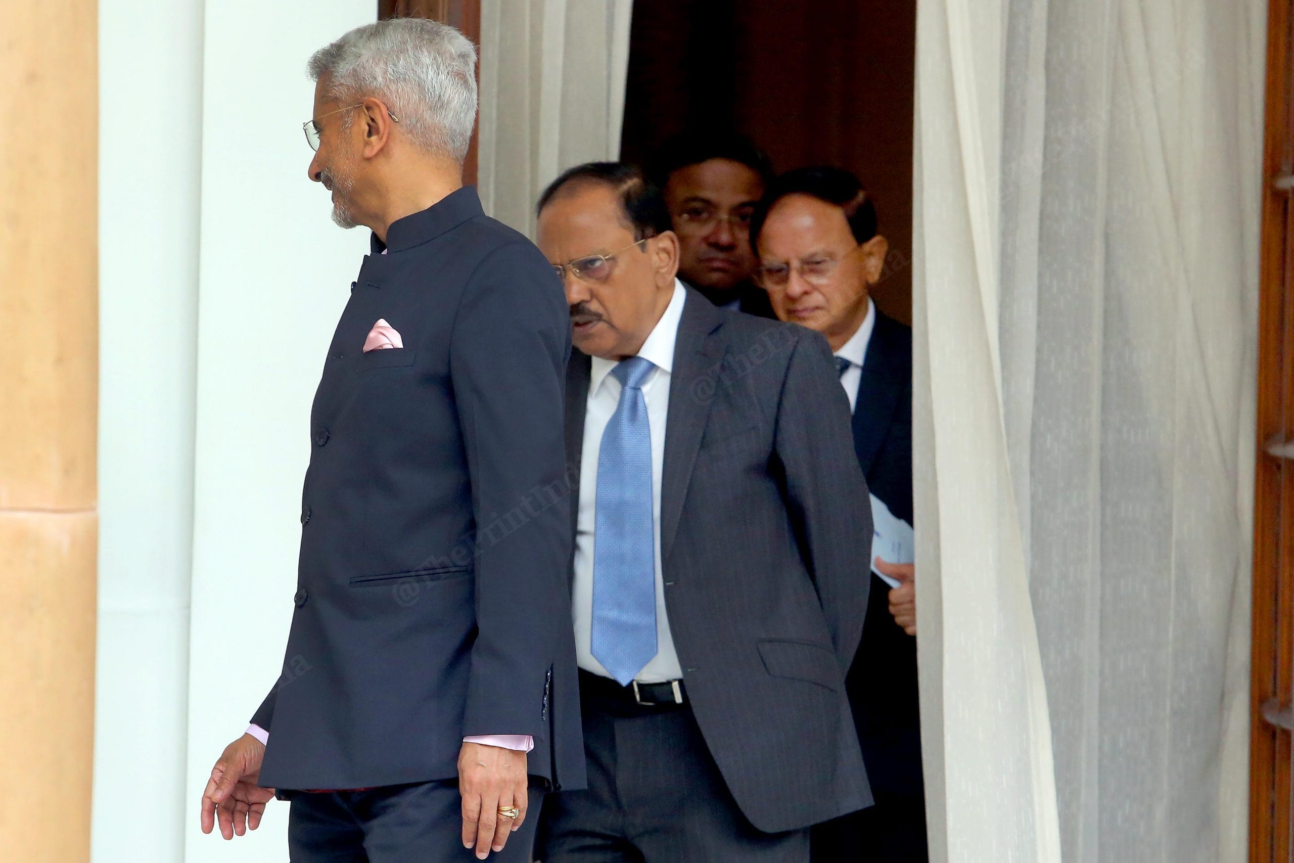 India's Minister of External Affairs S. Jaishankar, national security advisor (NSA) Ajit Doval and principal secretary to the PM P.K. Mishra at Hyderabad House Monday | Photo: Praveen Jain | ThePrint