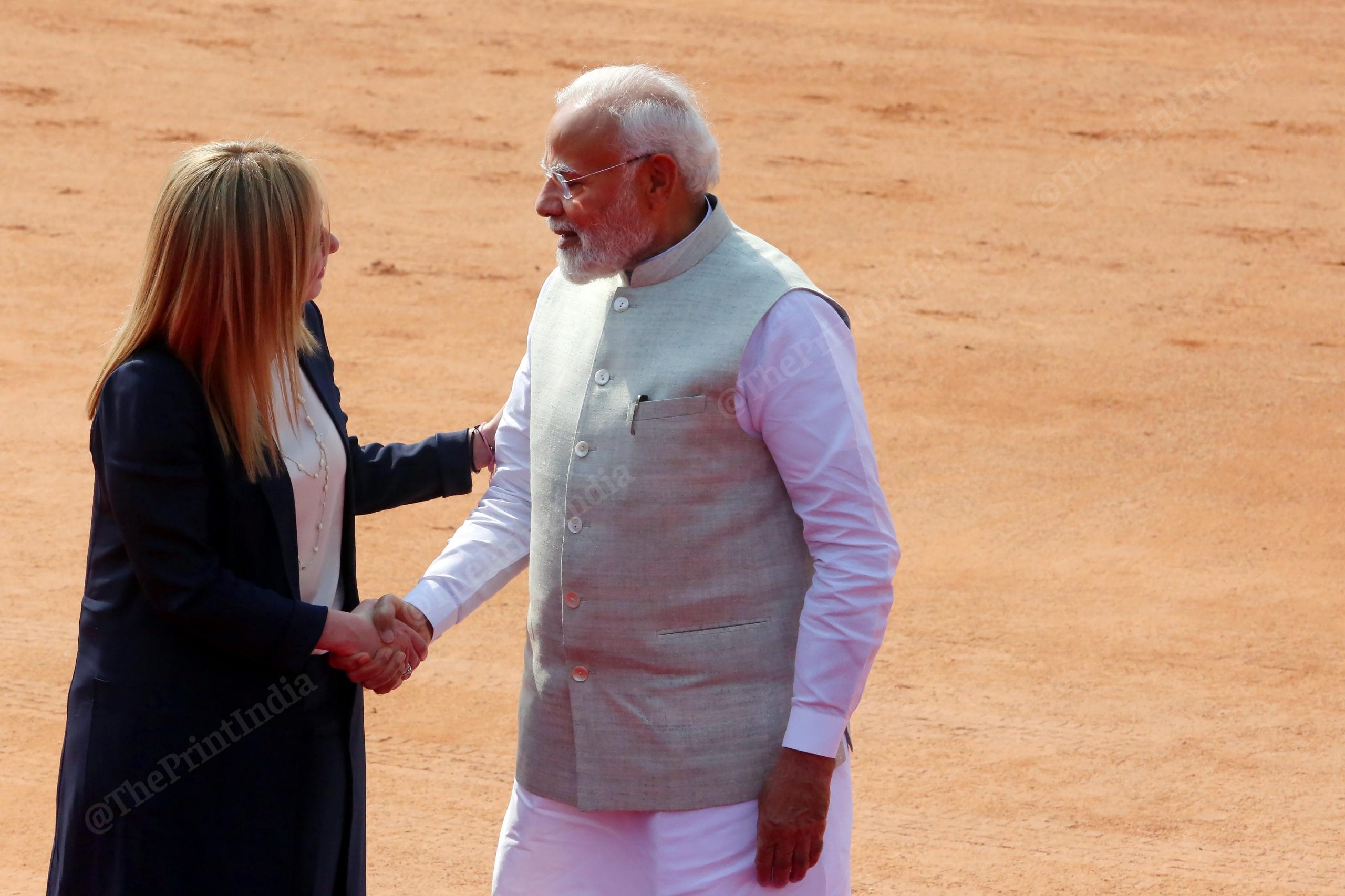 Prime Minister Narendra Modi shakes hands with Italian PM Giorgia Meloni during her ceremonial reception at Rashtrapati Bhavan | Praveen Jain | ThePrint