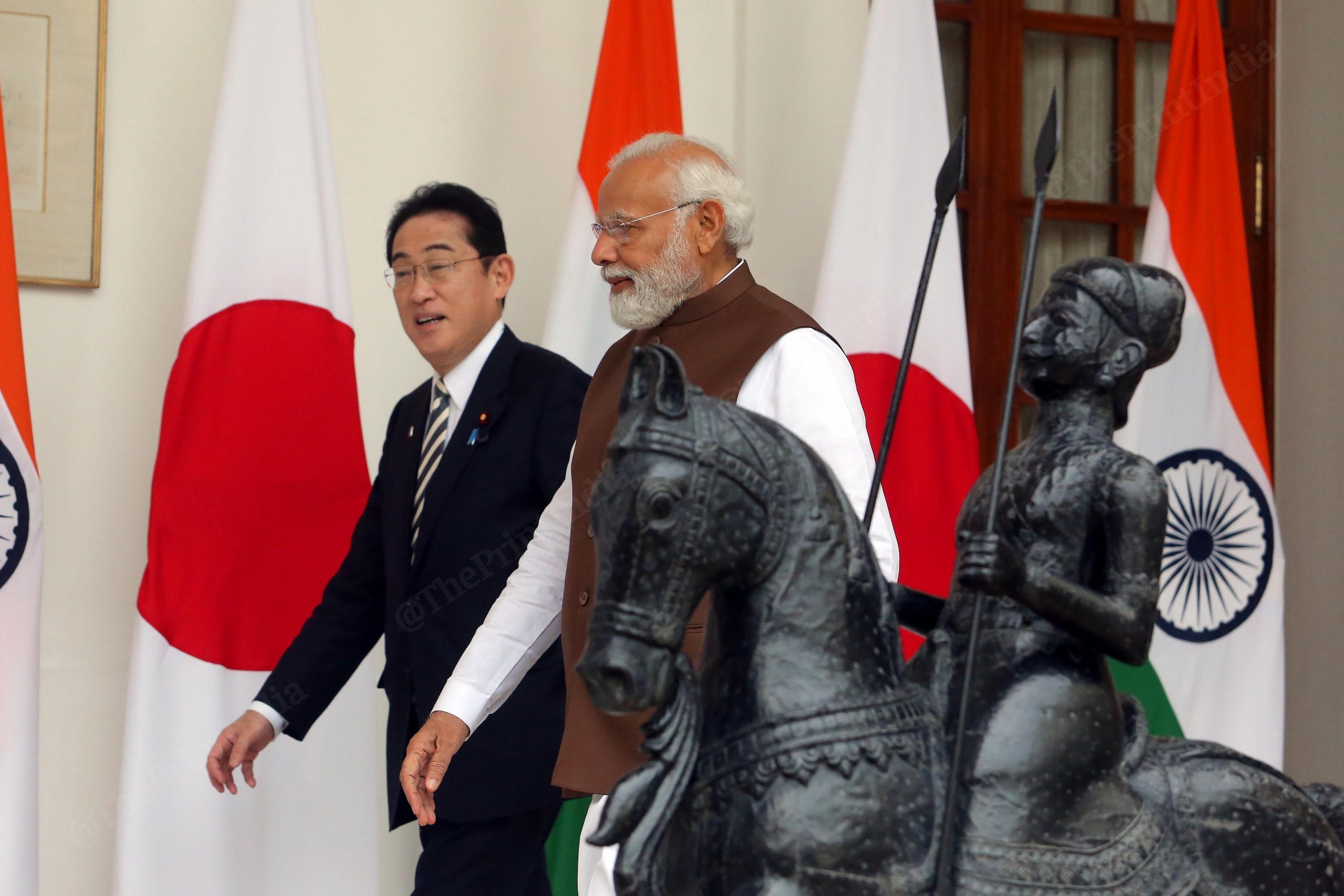 Modi and Kishida talk as they walk down Hyderabad House | Photo: Praveen Jain | ThePrint